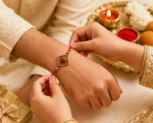 3 premium rudraksha diamond shape rakhi for brother with red original imahmtjnrhcugjkh.webp