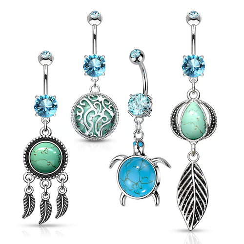 316L Navel Ring with Turquoise Semi Precious Stone Dangles.png
