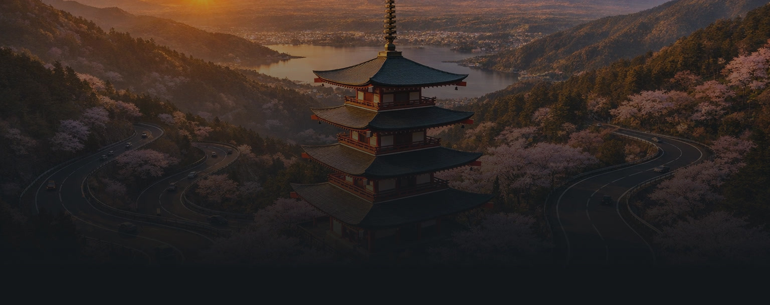 Aerial view of the Forza Horizon 6 Japan map with Mt Fuji and cherry blossoms