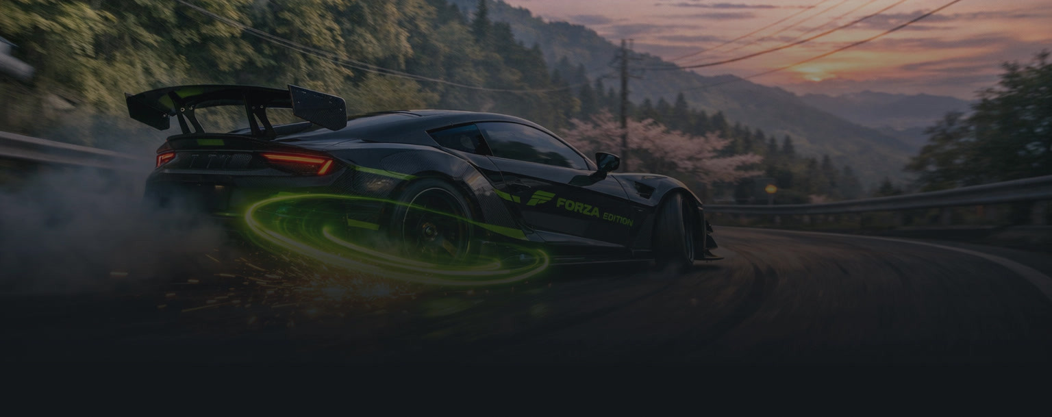 Forza Edition sports car drifting with neon green skill chain effects in Forza Horizon 6