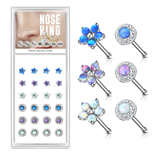 Opal Set Mixed Style 20ga 316L Surgical Steel Nose Stud Rings Pack (6 Styles x).png