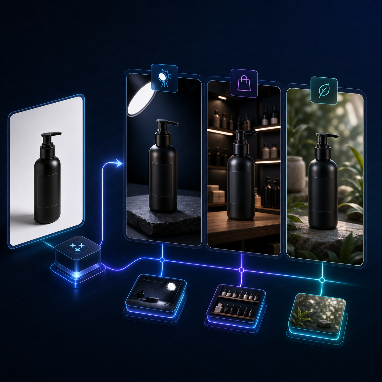Product image editor workspace with background removal, enhancement, and try-on tools