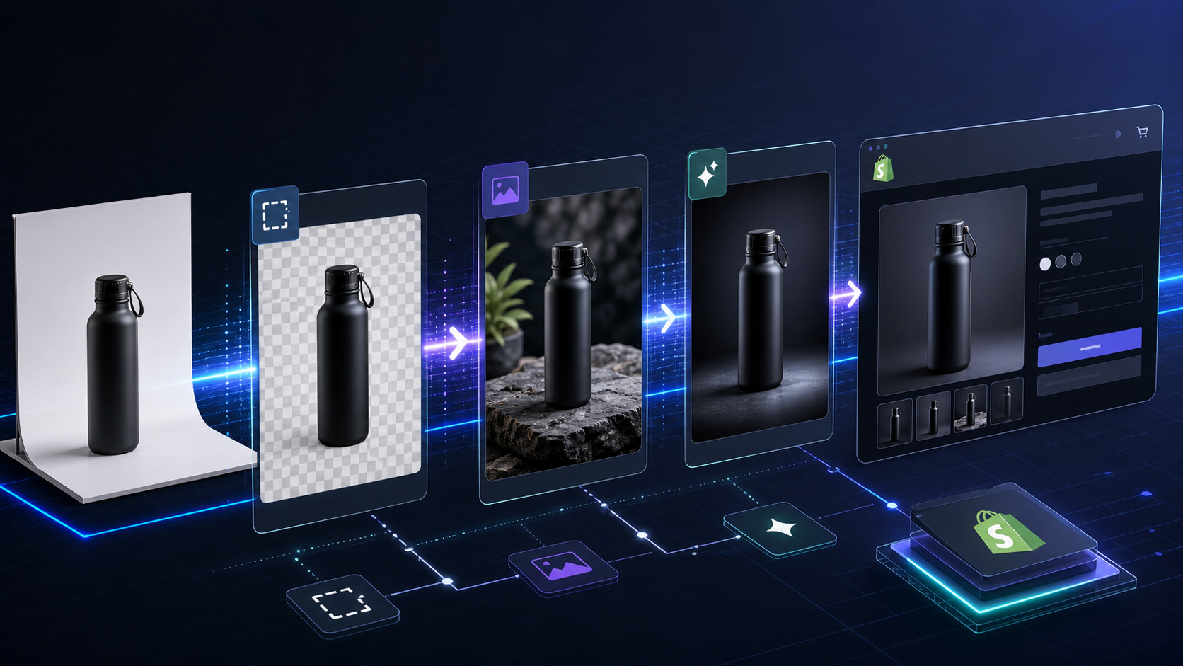 Shopify product photo workflow banner showing plain photos becoming premium ecommerce visuals