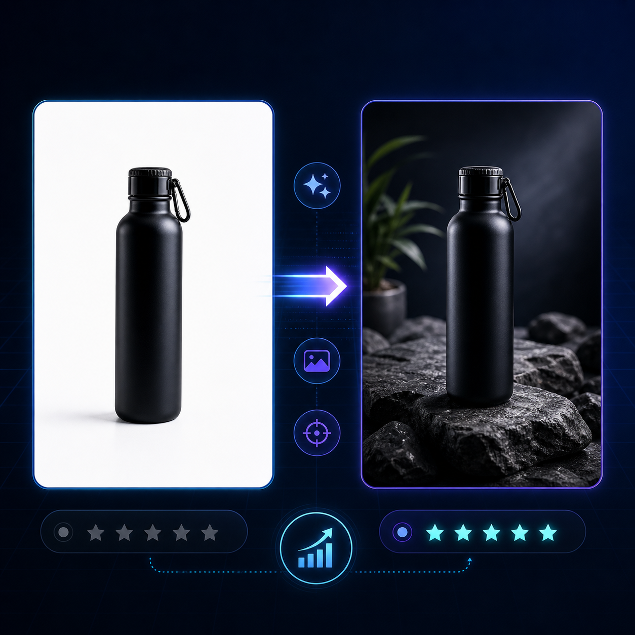 Before and after Shopify product photo transformation from plain image to lifestyle scene