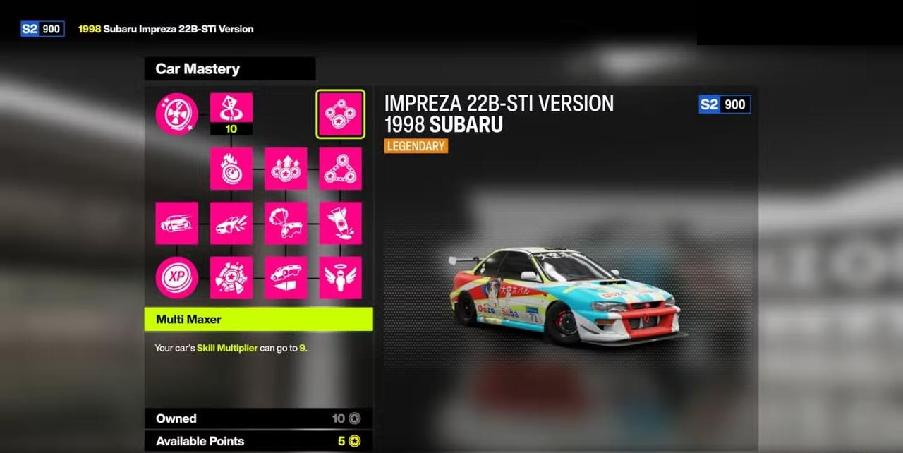 1998 Subaru Impreza 22B-STi Version car mastery tree showing the Multi Maxer node in Forza Horizon 6