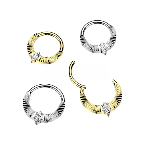 Titanium Hinged Segment Hoop Ring With Diamond Cuts & Marquise CZ Center.png