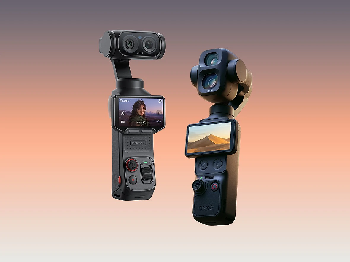two camera gimbals float above an orange gradient