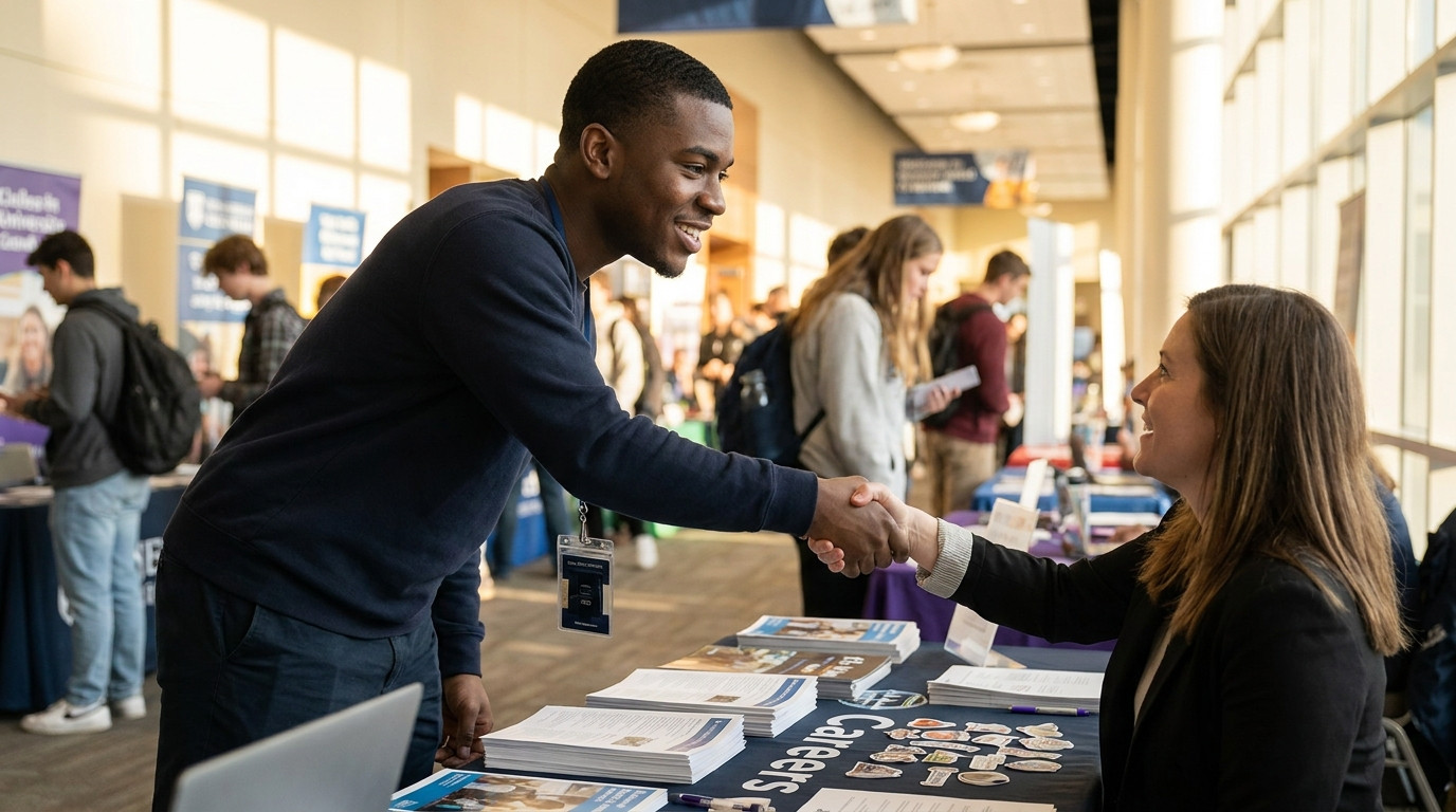 A student standing at a campus career fair booth, leaning forward slightly to shake hands with a recruiter across a tabl