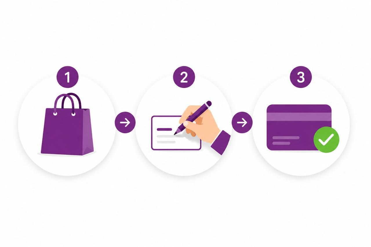 Infographic 3 bước nhận thẻ thành viên Snapshop: mua hàng, nhân viên ghi thông tin, nhận thẻ giảm giá