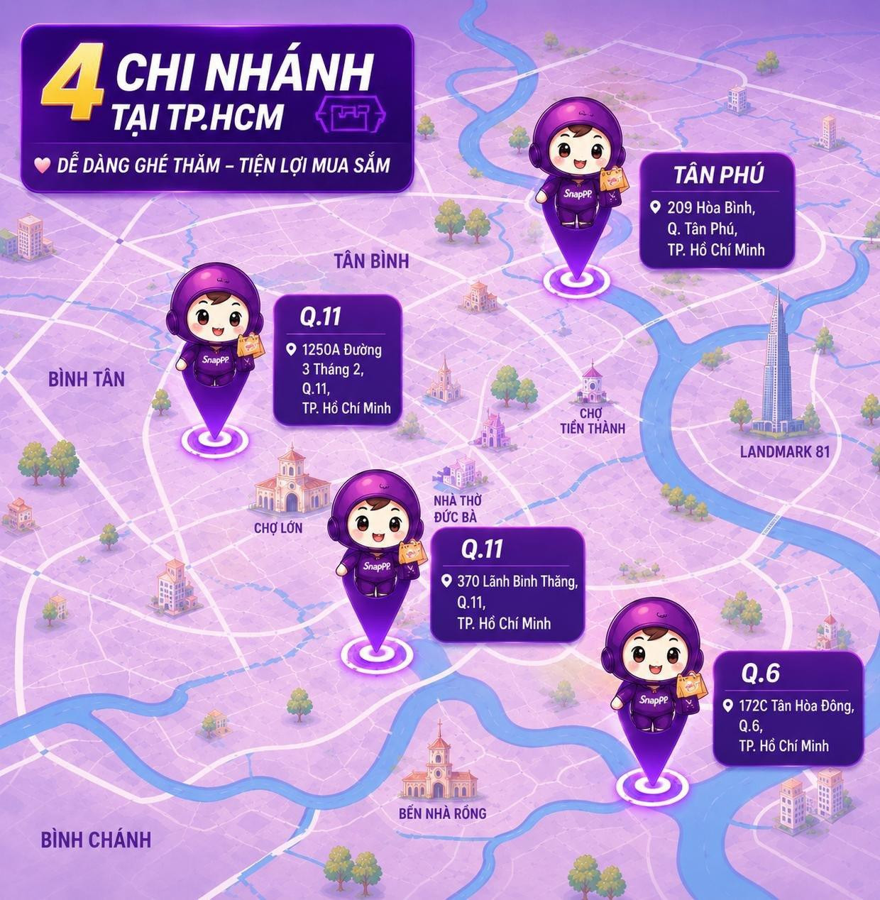 Bản đồ 4 chi nhánh Snapshop tại TP.HCM - Q.11 (2 cửa hàng), Tân Phú, Q.6 với Snapi mascot
