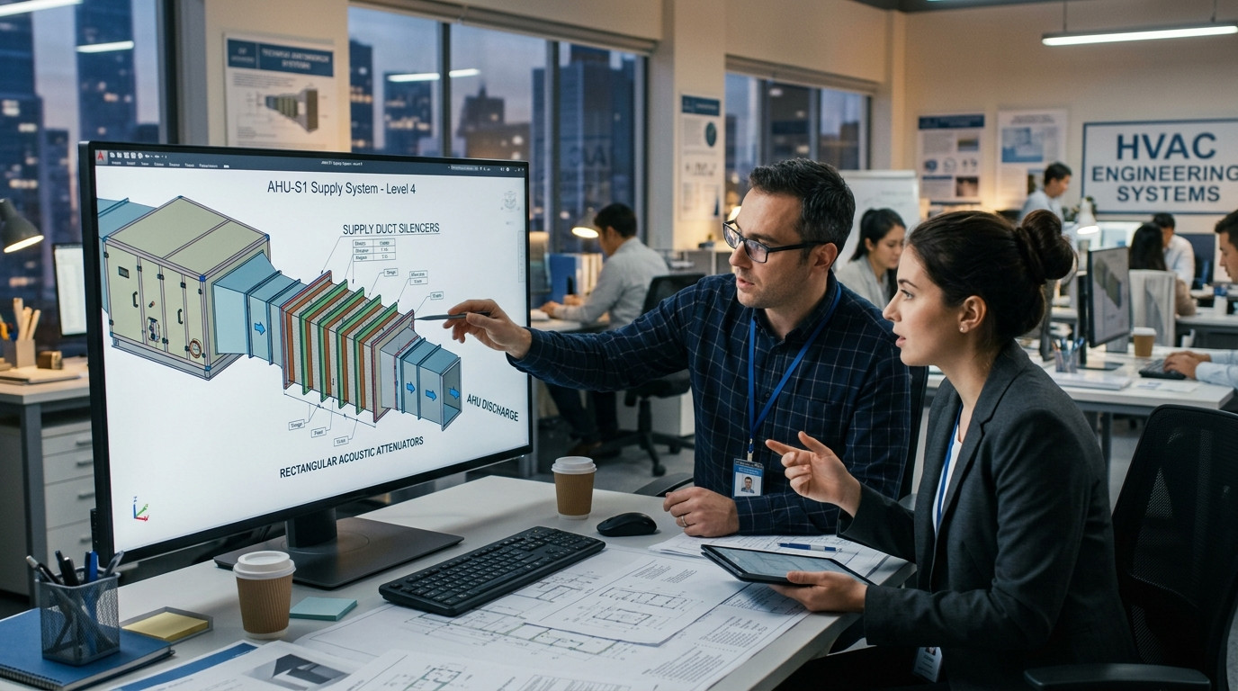Mechanical engineer and CAD manager reviewing HVAC duct silencer and sound attenuator layout revisions at a workstation