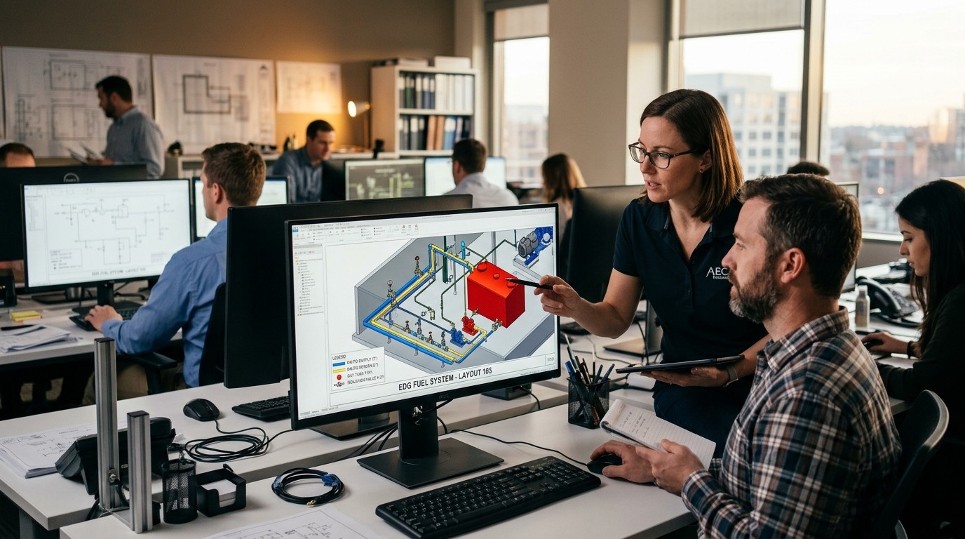 Mechanical engineers and CAD managers reviewing generator fuel oil piping layouts and day tank schematics at an engineering workstation