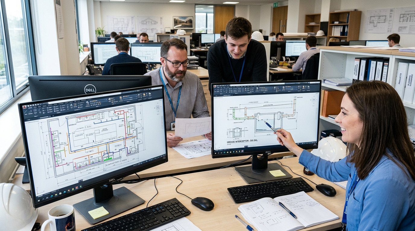 Plumbing engineer reviewing commercial kitchen grease waste piping drawings and AutoCAD layouts at a modern workstation