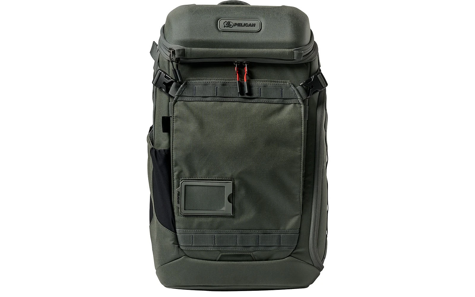 A dark olive green Pelican backpack with a molded top compartment, a front ID window, and black side-release buckles.