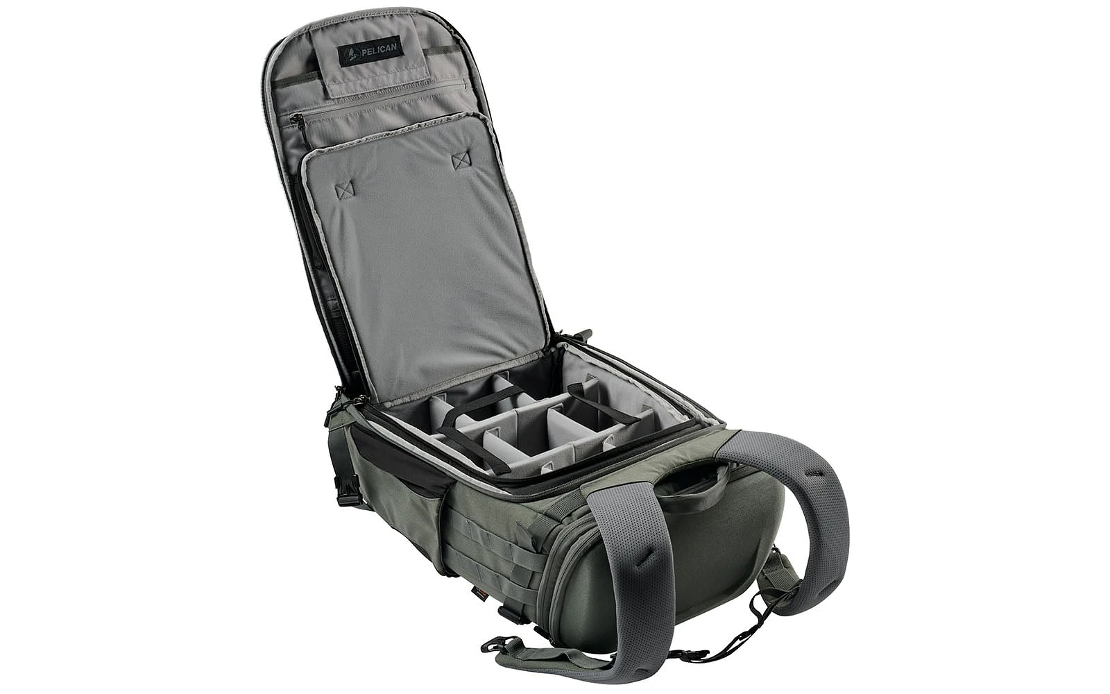 An open olive green Pelican backpack with a gray interior featuring adjustable padded dividers and storage pockets on the lid.