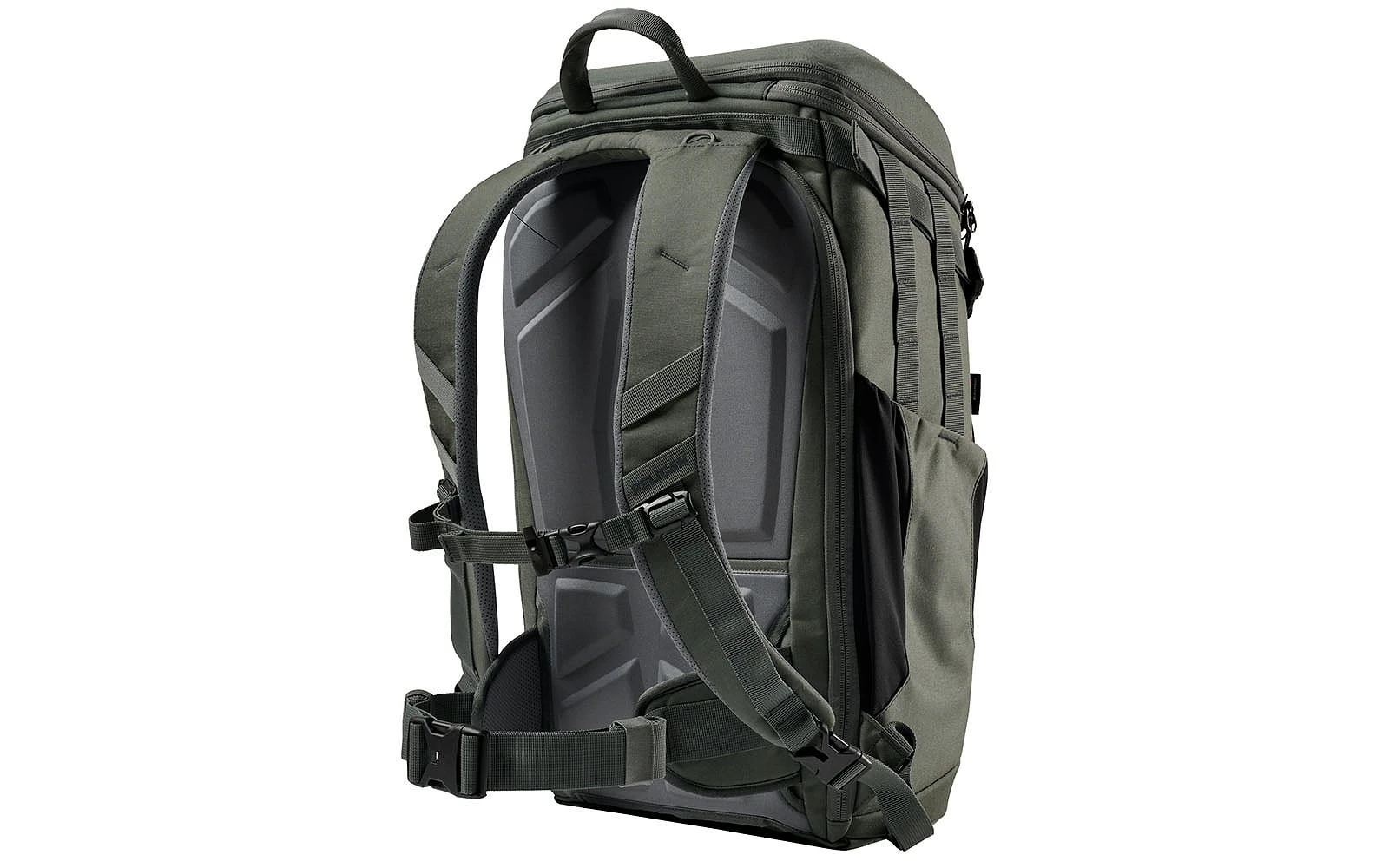A dark olive green backpack shown from the rear, featuring padded shoulder straps, a sternum strap, a waist belt, and a molded grey back panel.