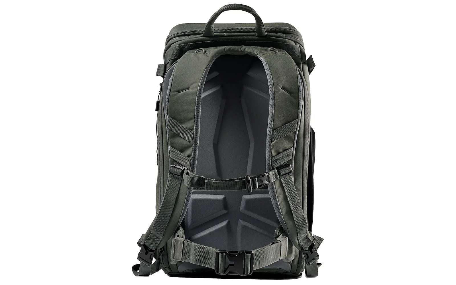The back view of an olive green Pelican backpack featuring contoured shoulder straps, a sternum strap, a waist belt, and a molded foam back panel.