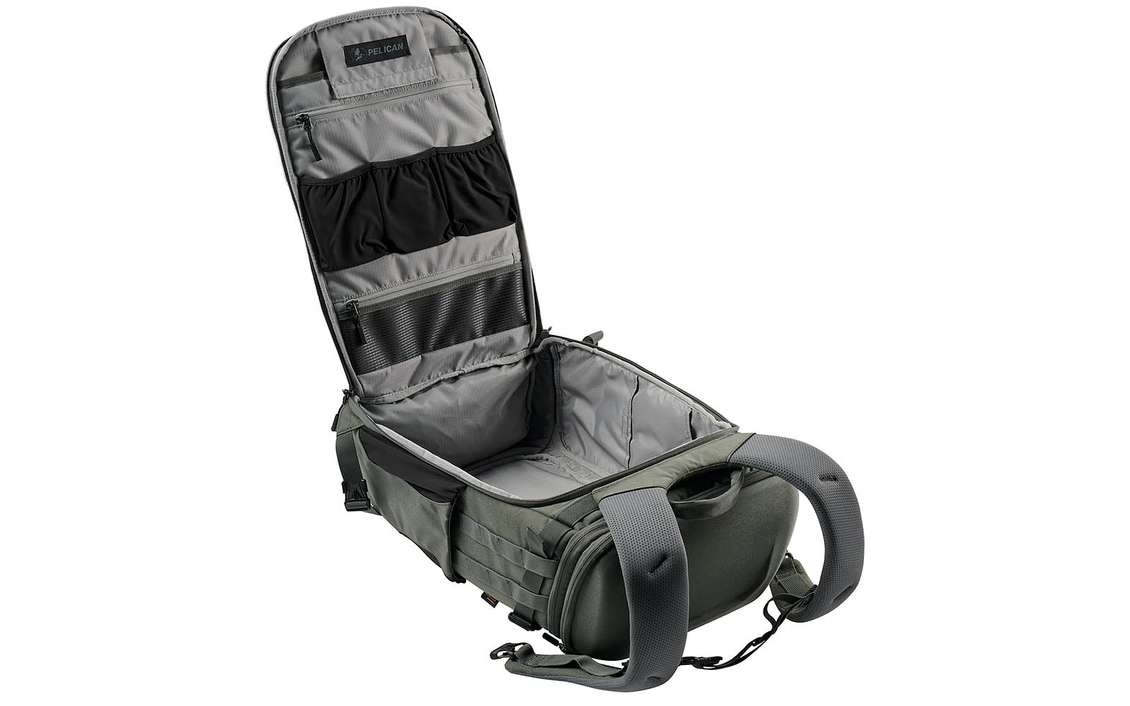 An open olive green Pelican backpack with a gray interior, featuring multiple mesh and elastic storage pockets on the lid.