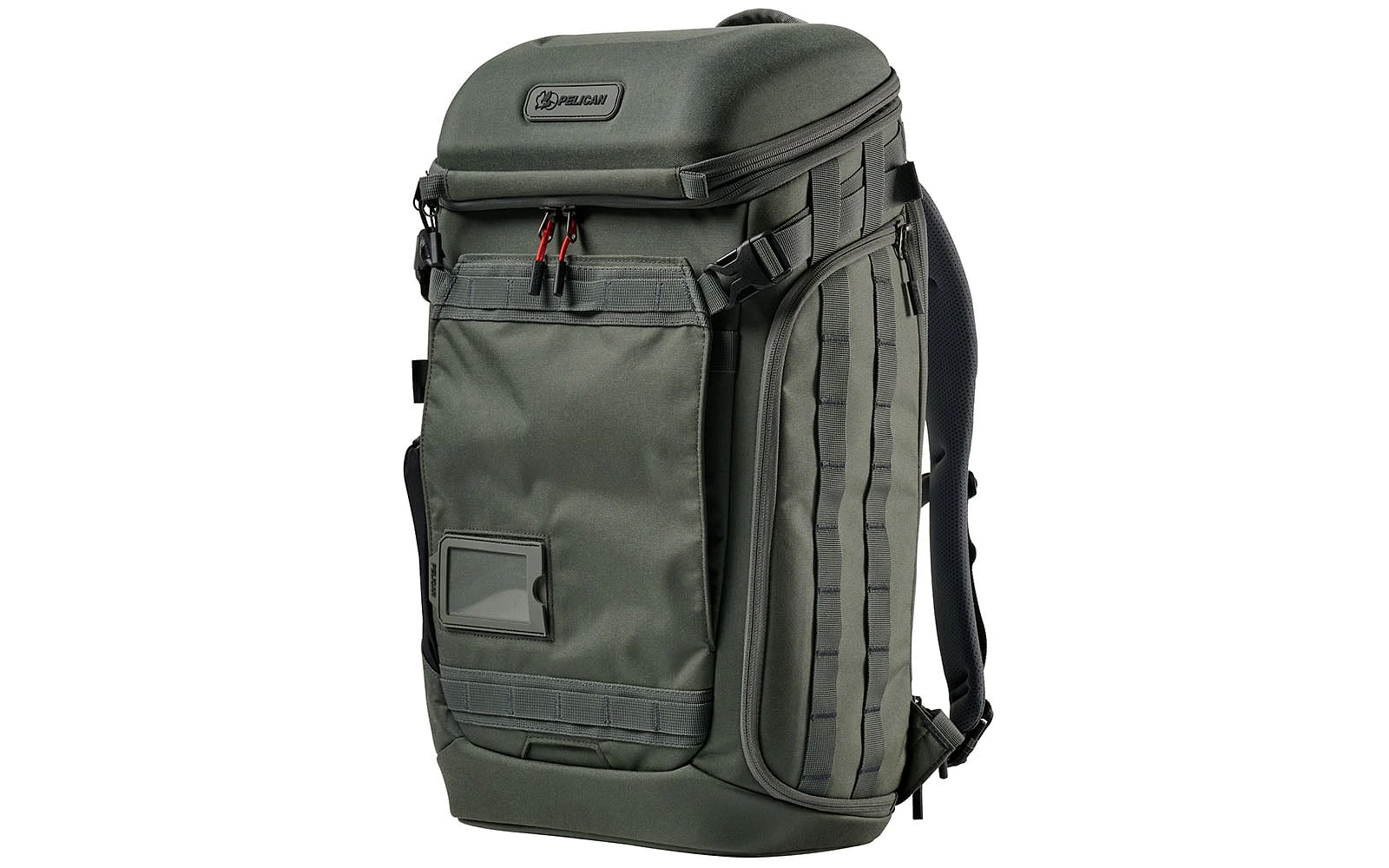 A dark olive green Pelican backpack stands upright against a white background, featuring a molded top compartment, a front ID window, and side MOLLE webbing.