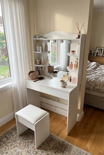 Vanity table with mirror and lights from DHS for drawer makeup organisation.png
