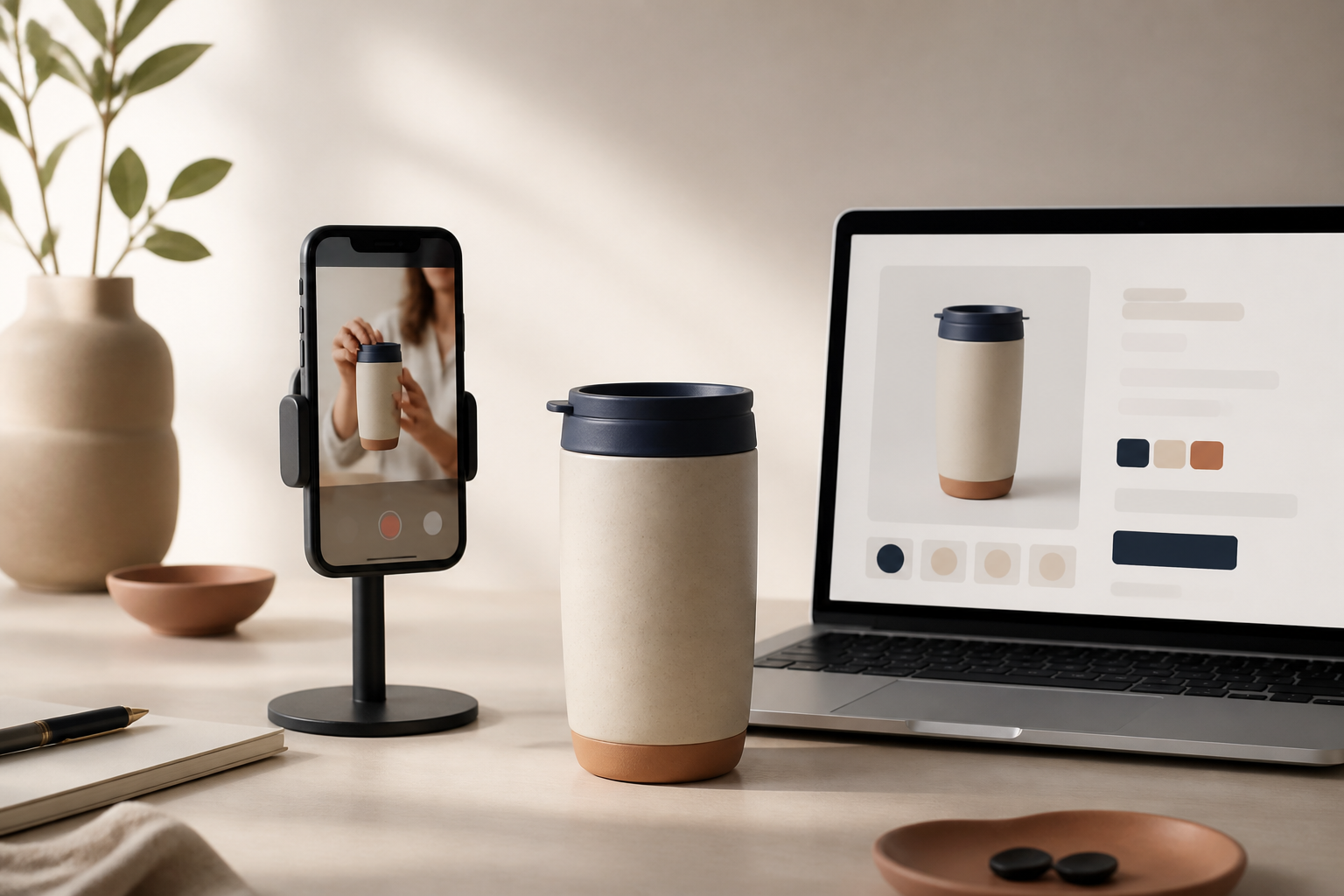 Product explainer video concept beside an ecommerce product page