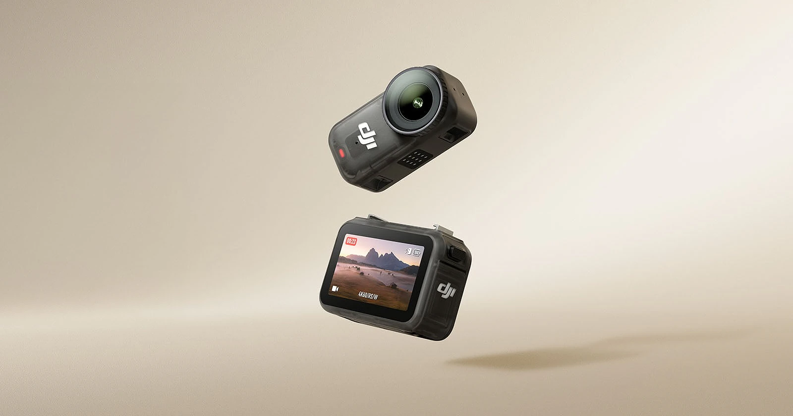 Two compact action cameras float against a beige background. One shows its lens and the other displays a mountain landscape on its screen. Both cameras have the DJI logo visible.
