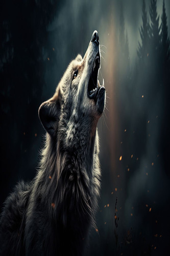 A gray wolf howls at the moon in a snowy forest..jpg