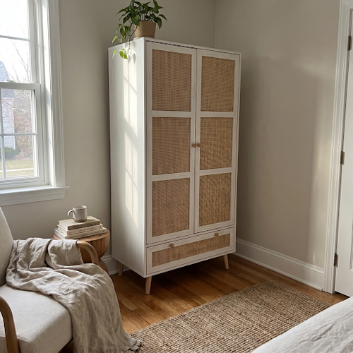 Our rattan doors wardrobe made the rental spare room feel intentional.png