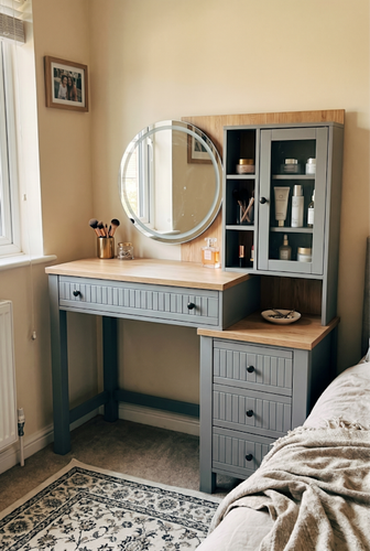 Vanity table from DHS with drawers and round mirror.png