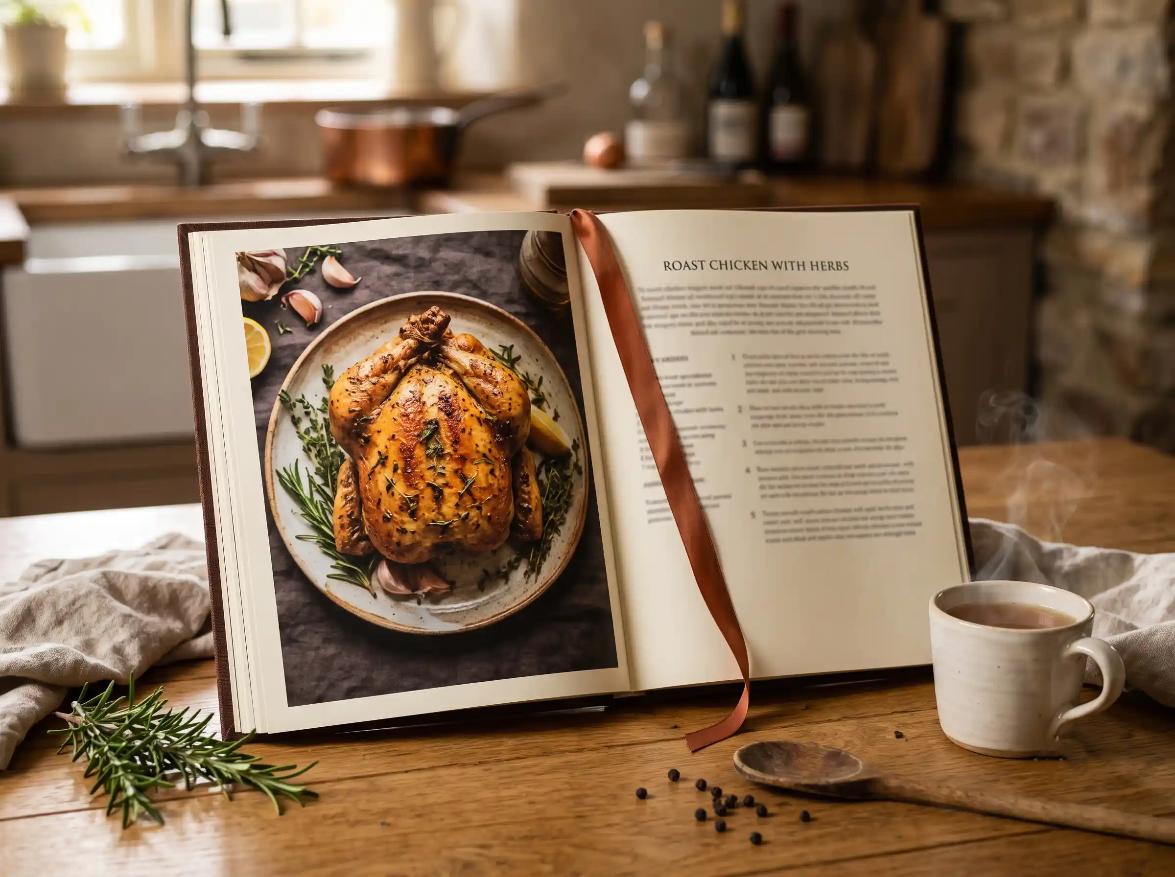 The cookbook open on a wooden kitchen table