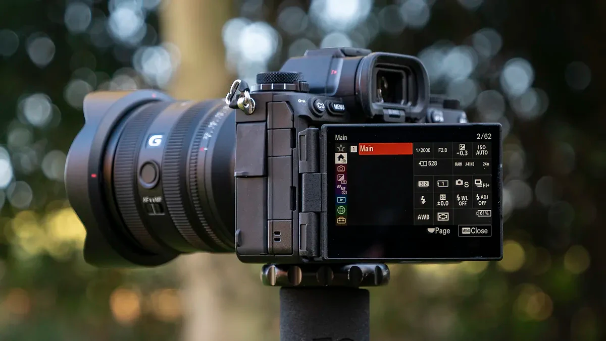 Rear of the Sony A9 III camera outside with LCD screen folded away
