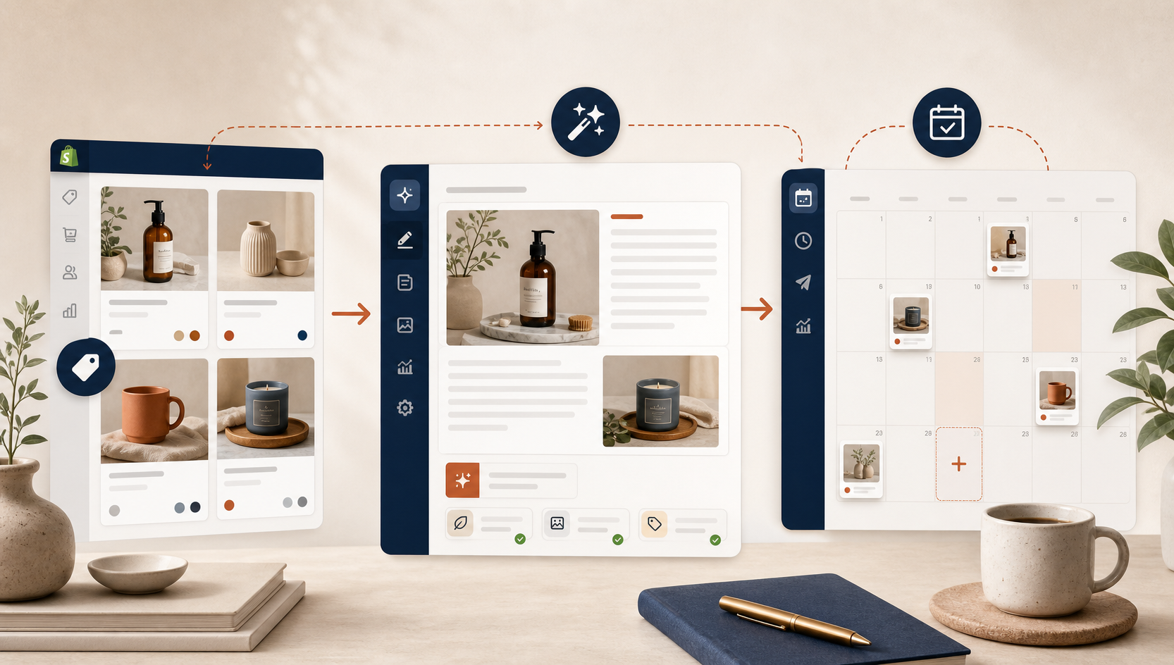 Product-aware Shopify content workflow from catalog to draft to schedule
