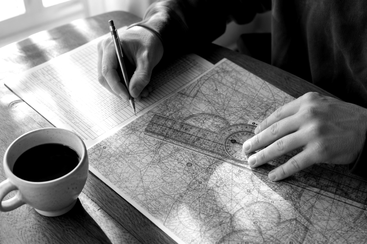 Student pilot plotting a cross country flight route on a VFR sectional chart with plotter and E6B