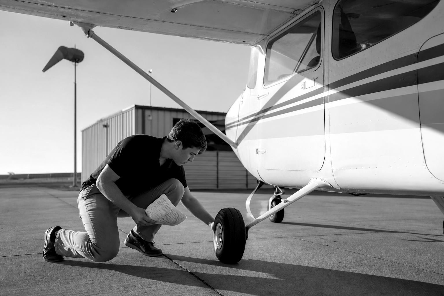 Student pilot performing preflight walk around inspection on a Cessna 172 with checklist