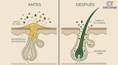 Diagrama antes y despues: foliculo tapado por sebo con ingredientes bloqueados vs foliculo destapado con absorcion libre y cabello saludable