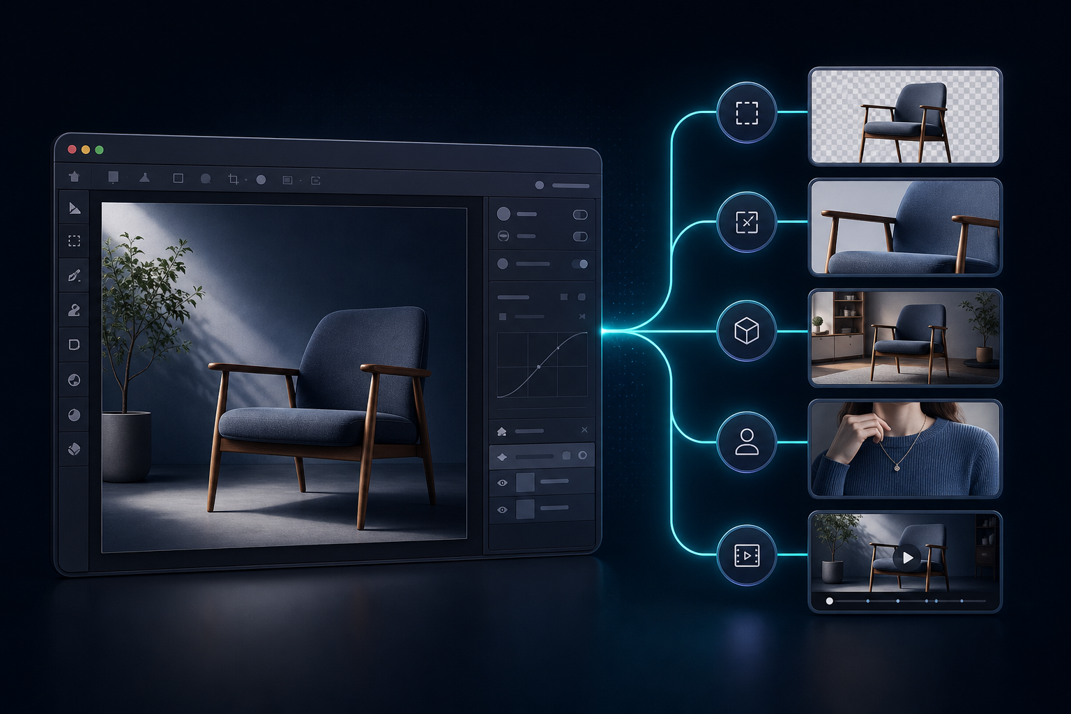 Product photo editor mockup showing one chair image branching into multiple outputs