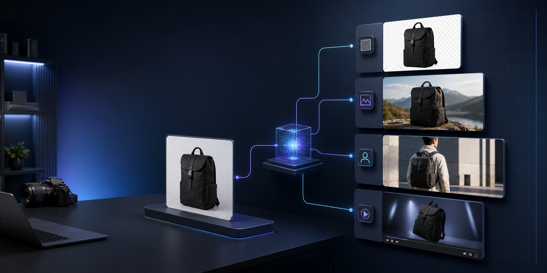 AI workflow banner showing one product photo becoming lifestyle shots, try-ons, and ad video