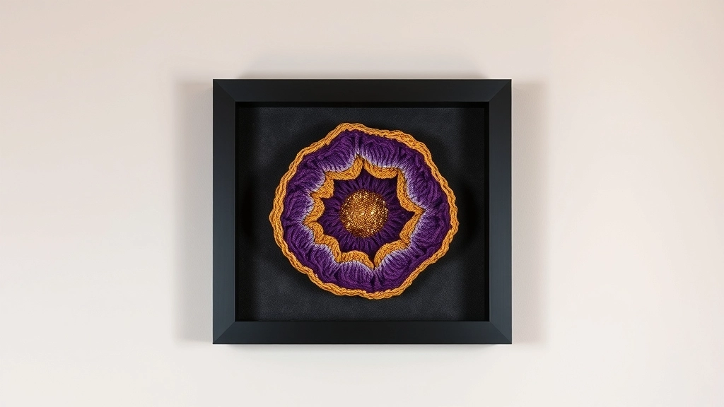 A colorful crochet geode mounted inside a black wooden shadowbox frame on a dark wall.