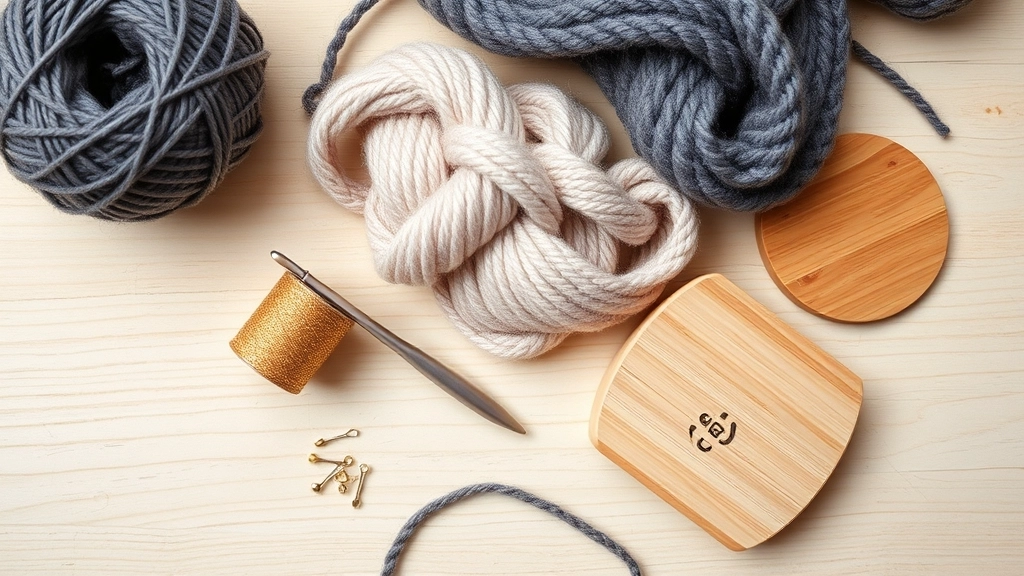 An assortment of textured yarns, metallic threads, and crochet hooks arranged on a work surface.