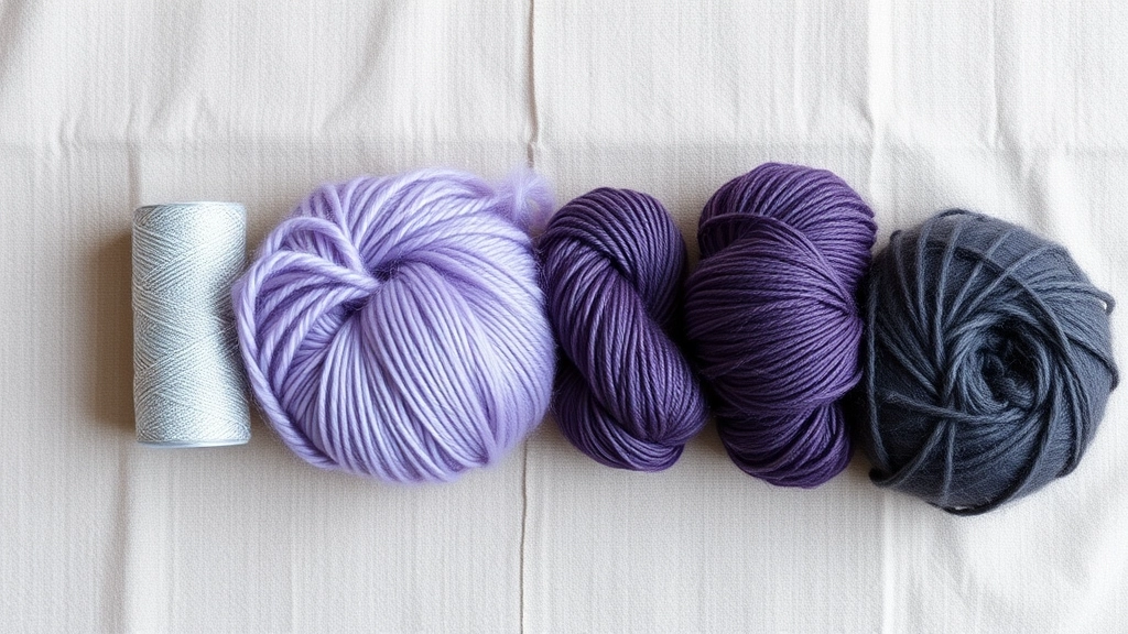 A gradient of yarn balls transitioning from shimmering silver to deep purple and matte charcoal grey.