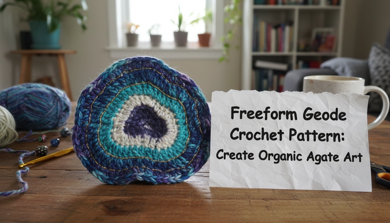 A handmade crochet geode lying on a rustic wooden table, showcasing the unique textures of a Freeform Geode Crochet Pattern.
