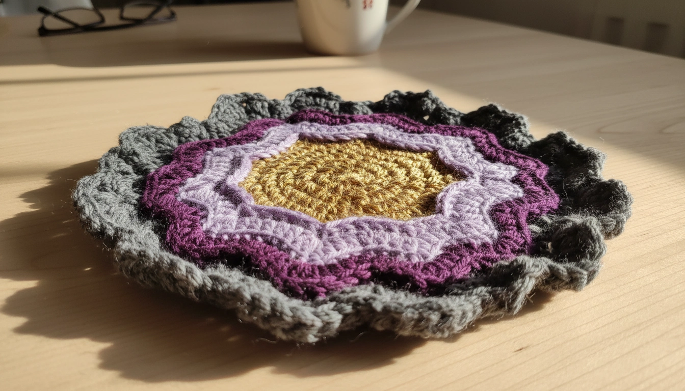 A completed crochet geode showing the progression from a gold center to a rough grey outer edge.