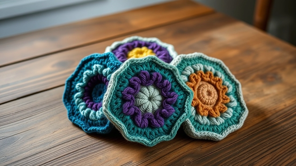 A group of three different handmade crochet geodes in blue, purple, and green colorways on a table.
