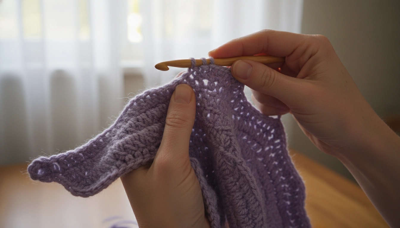 A close-up of hands crocheting an asymmetrical, wavy textile piece with purple yarn.