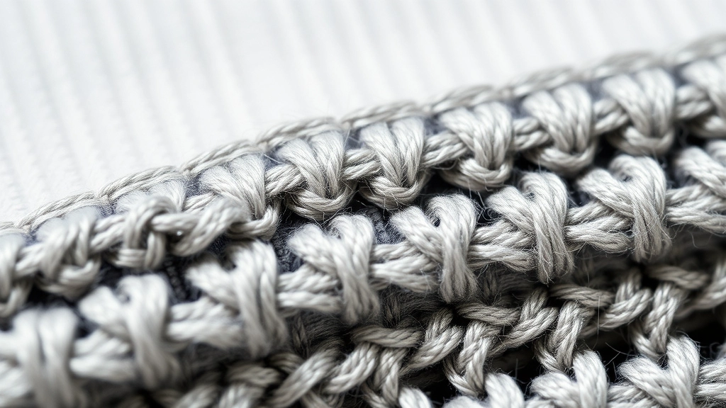 A macro photograph of rough matte grey yarn stitched directly next to shiny silver metallic thread.