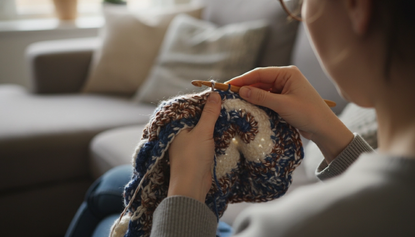 An amateur photo showing freeform crochet scrumbles being worked on with various yarn textures.
