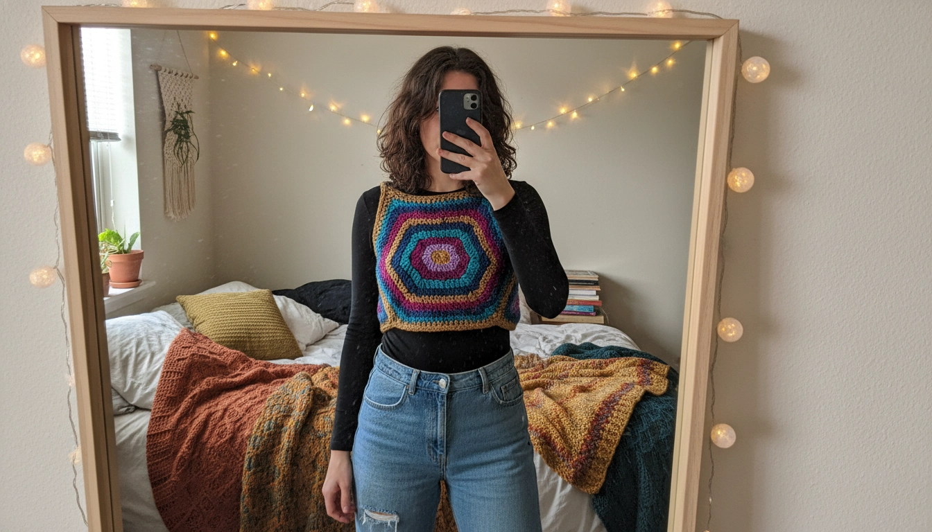 A styled festival outfit featuring a geode crochet top over a black bodysuit.