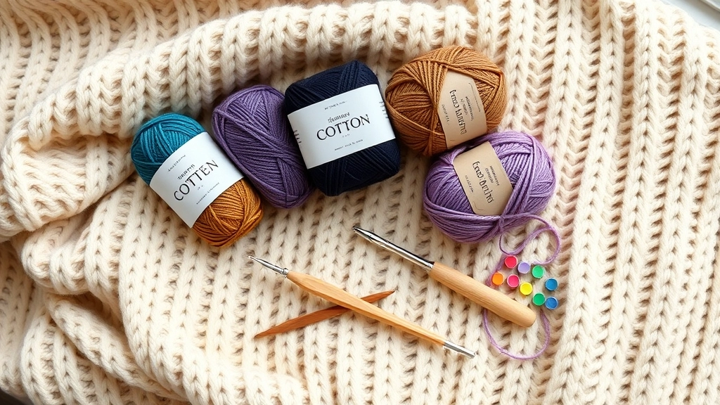 A selection of cotton yarn skeins, crochet hooks, and stitch markers spread out on a table.