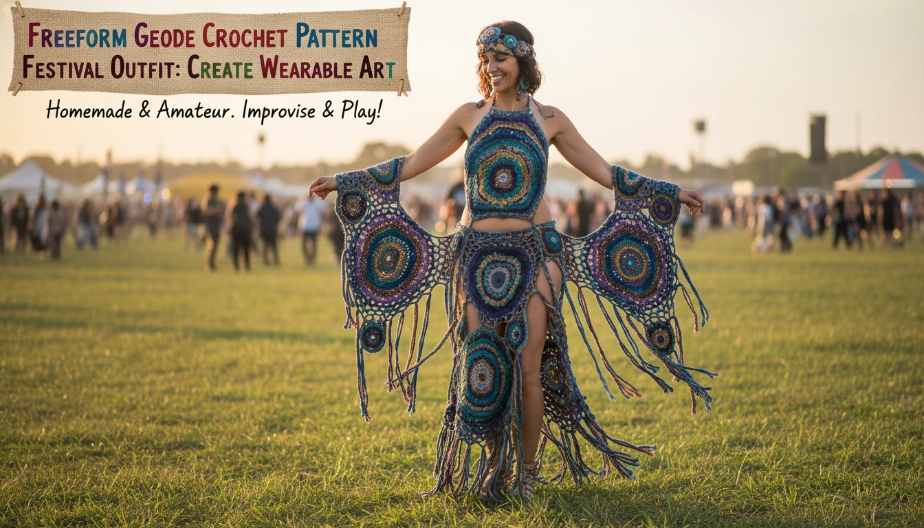 An amateur photo of a completed Freeform Geode Crochet Pattern Festival Outfit laid out on a wooden table.