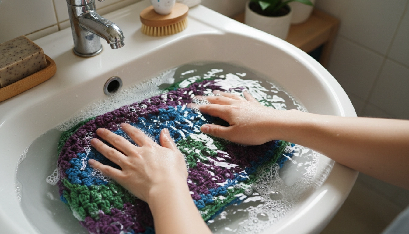 A handmade crochet top being gently hand washed in a basin of water.